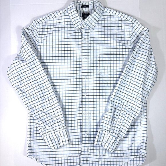 J Crew Mens Shirt Large Green Blue Check Flex Oxford Button Down Slim Preppy - Picture 1 of 10